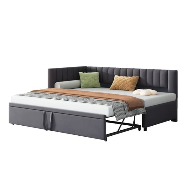 Multifunktionell L-formad bäddsoffa 90/180x200 i sammet – utdragbar, platsbesparande säng för barnrum och gästrum - Grå