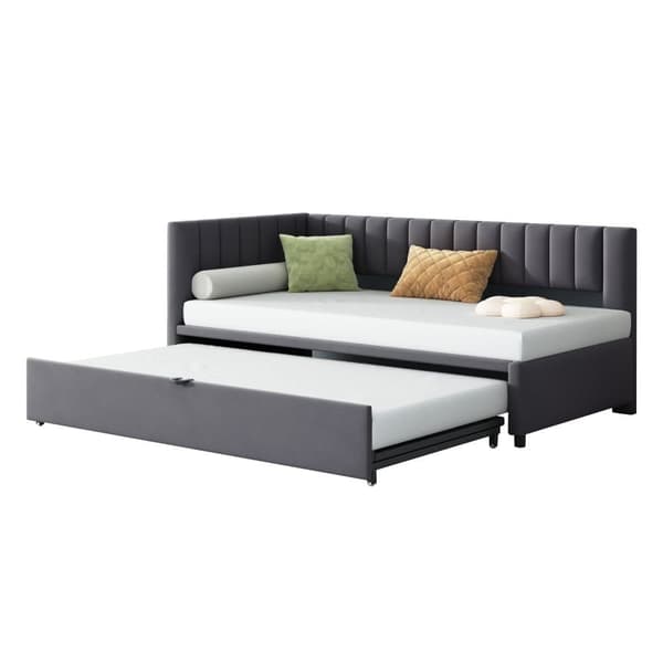 Multifunktionell L-formad bäddsoffa 90/180x200 i sammet – utdragbar, platsbesparande säng för barnrum och gästrum - Grå