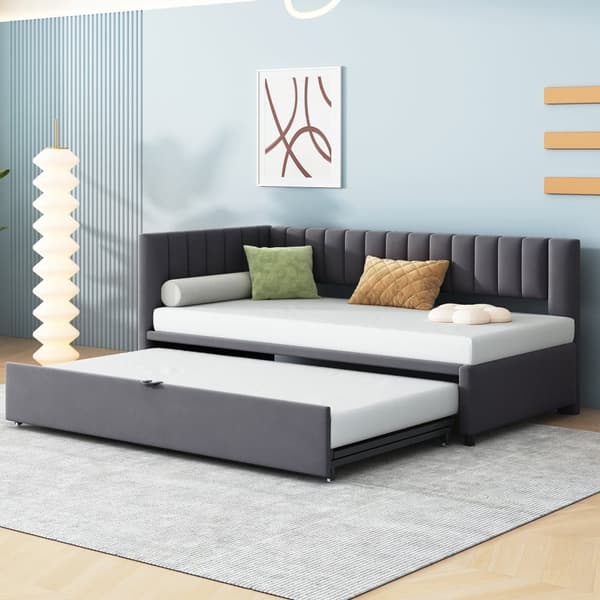 Multifunktionell L-formad bäddsoffa 90/180x200 i sammet – utdragbar, platsbesparande säng för barnrum och gästrum - Grå