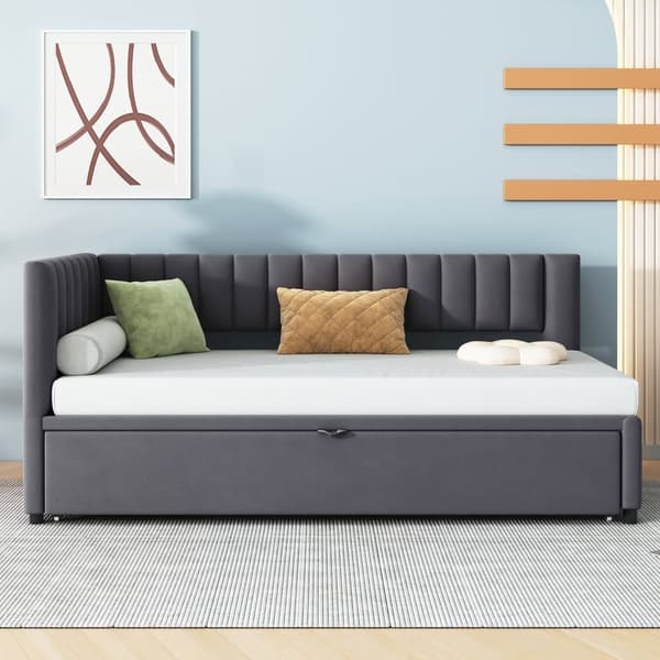 Multifunktionell L-formad bäddsoffa 90/180x200 i sammet – utdragbar, platsbesparande säng för barnrum och gästrum - Grå