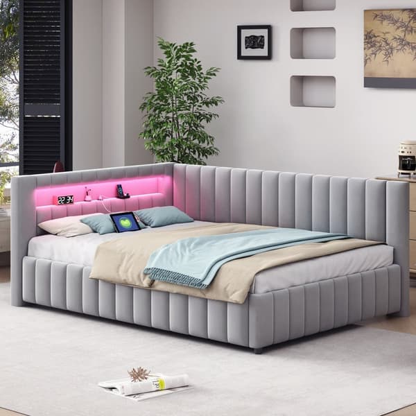 Polstersäng 140x200 i sammet – bäddsoffa med LED-belysning, USB-laddare, ryggstöd, huvudgavel och stabil ram - Grå