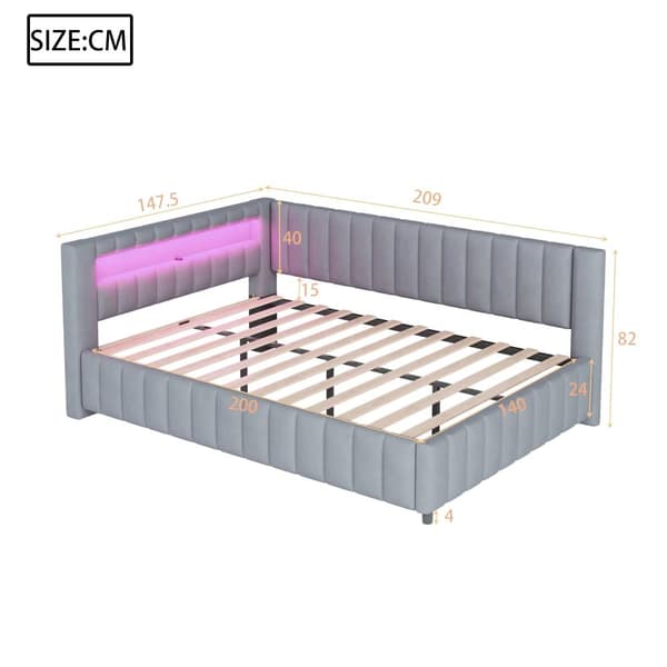Polstersäng 140x200 i sammet – bäddsoffa med LED-belysning, USB-laddare, ryggstöd, huvudgavel och stabil ram - Grå
