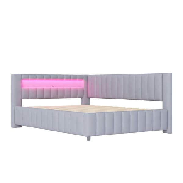Polstersäng 140x200 i sammet – bäddsoffa med LED-belysning, USB-laddare, ryggstöd, huvudgavel och stabil ram - Grå