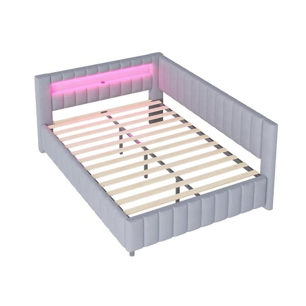 Polstersäng 140x200 i sammet – bäddsoffa med LED-belysning, USB-laddare, ryggstöd, huvudgavel och stabil ram - Grå