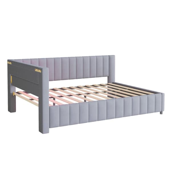 Polstersäng 140x200 i sammet – bäddsoffa med LED-belysning, USB-laddare, ryggstöd, huvudgavel och stabil ram - Grå