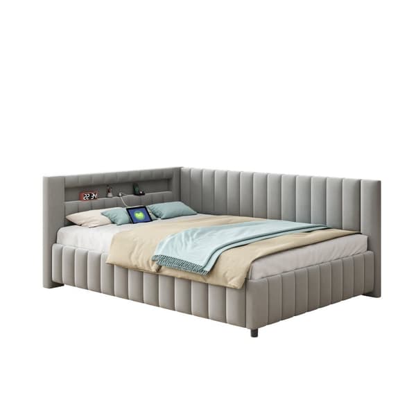 Polstersäng 140x200 i sammet – bäddsoffa med LED-belysning, USB-laddare, ryggstöd, huvudgavel och stabil ram - Grå