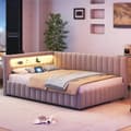 Miniatyrbild 2 av 10: Polstersäng 140x200 i sammet – bäddsoffa med LED-belysning, USB-laddare, ryggstöd, huvudgavel och stabil ram - Grå