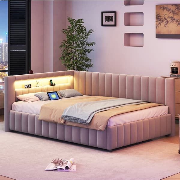 Polstersäng 140x200 i sammet – bäddsoffa med LED-belysning, USB-laddare, ryggstöd, huvudgavel och stabil ram - Grå