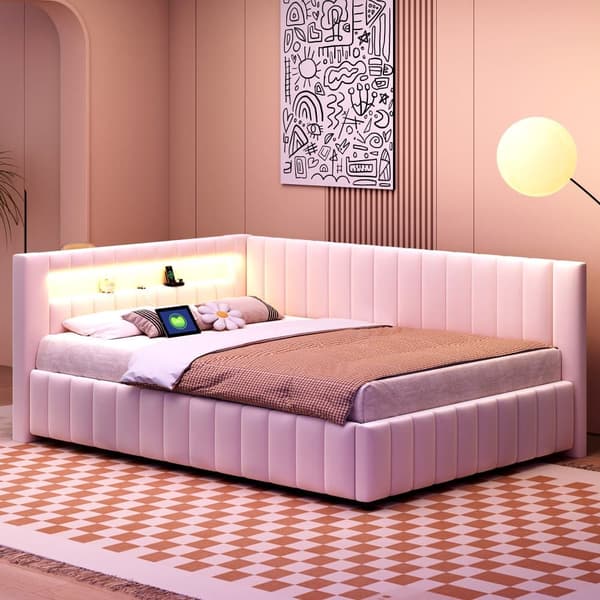 Polstersäng 140x200 i sammet – bäddsoffa med LED-belysning, USB-laddare, ryggstöd, huvudgavel och stabil ram - Beige