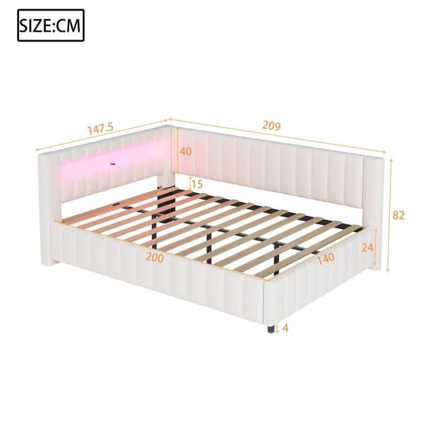Polstersäng 140x200 i sammet – bäddsoffa med LED-belysning, USB-laddare, ryggstöd, huvudgavel och stabil ram - Beige