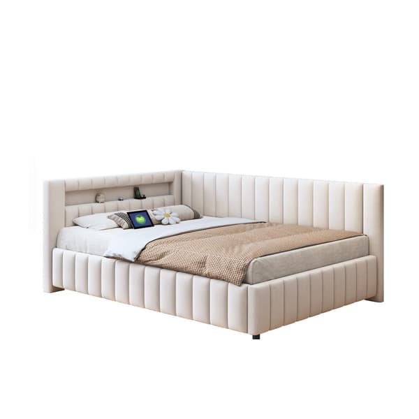 Polstersäng 140x200 i sammet – bäddsoffa med LED-belysning, USB-laddare, ryggstöd, huvudgavel och stabil ram - Beige