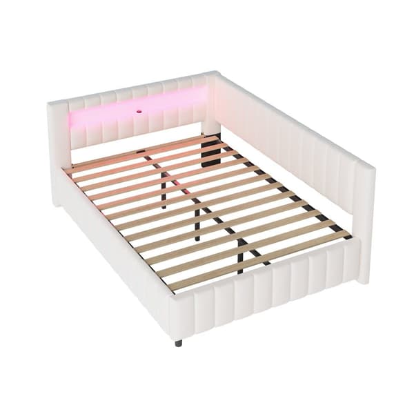 Polstersäng 140x200 i sammet – bäddsoffa med LED-belysning, USB-laddare, ryggstöd, huvudgavel och stabil ram - Beige