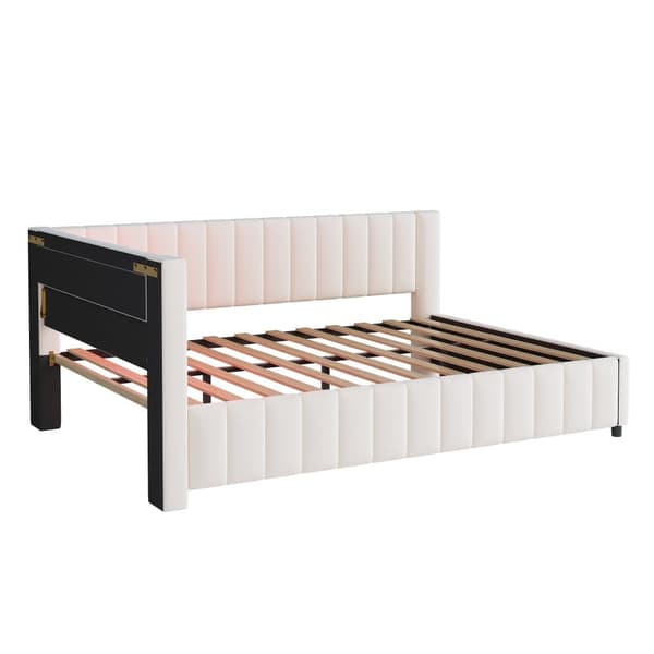 Polstersäng 140x200 i sammet – bäddsoffa med LED-belysning, USB-laddare, ryggstöd, huvudgavel och stabil ram - Beige