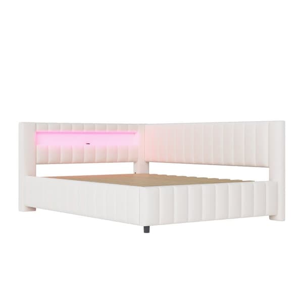 Polstersäng 140x200 i sammet – bäddsoffa med LED-belysning, USB-laddare, ryggstöd, huvudgavel och stabil ram - Beige
