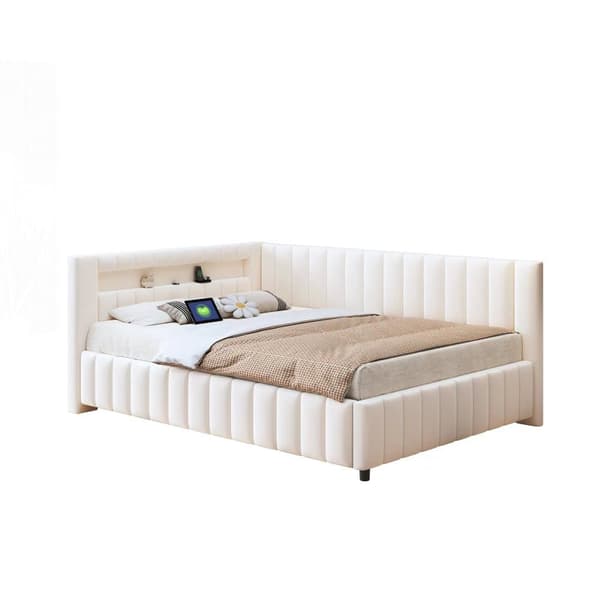 Polstersäng 140x200 i sammet – bäddsoffa med LED-belysning, USB-laddare, ryggstöd, huvudgavel och stabil ram - Beige