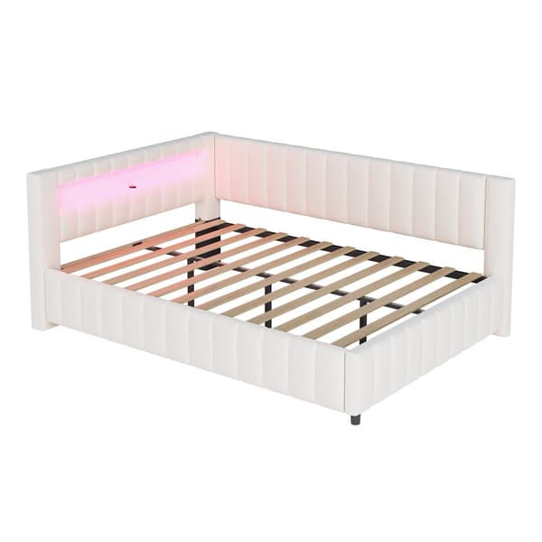 Polstersäng 140x200 i sammet – bäddsoffa med LED-belysning, USB-laddare, ryggstöd, huvudgavel och stabil ram - Beige