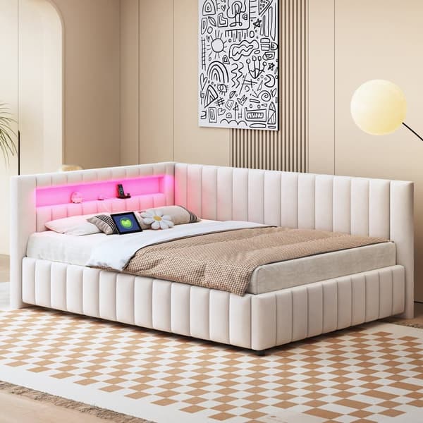 Polstersäng 140x200 i sammet – bäddsoffa med LED-belysning, USB-laddare, ryggstöd, huvudgavel och stabil ram - Beige