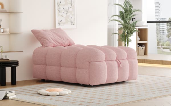 2-i-1 polstret seng med fodskammel – enkeltseng i blødt teddystof – pink
