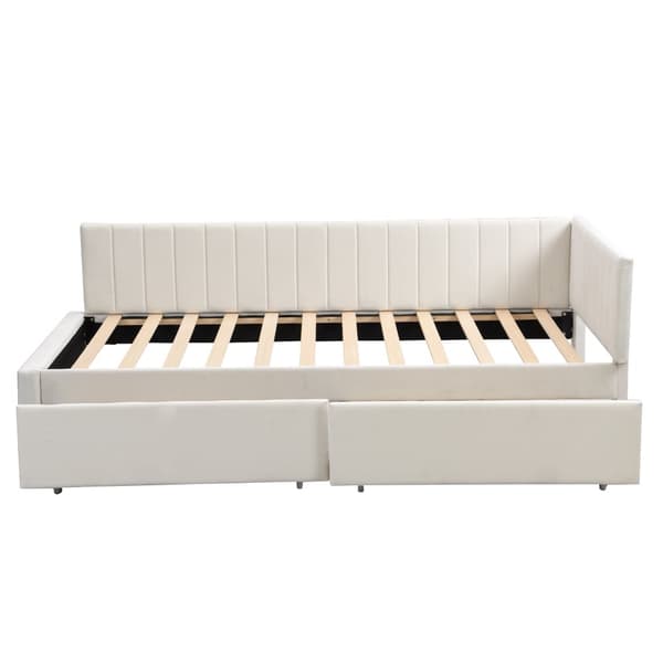 Polstret sovesofa 90x200 – multifunktionel seng med 2 opbevaringsskuffer og lamelbund i blødt fløjlsstof – beige