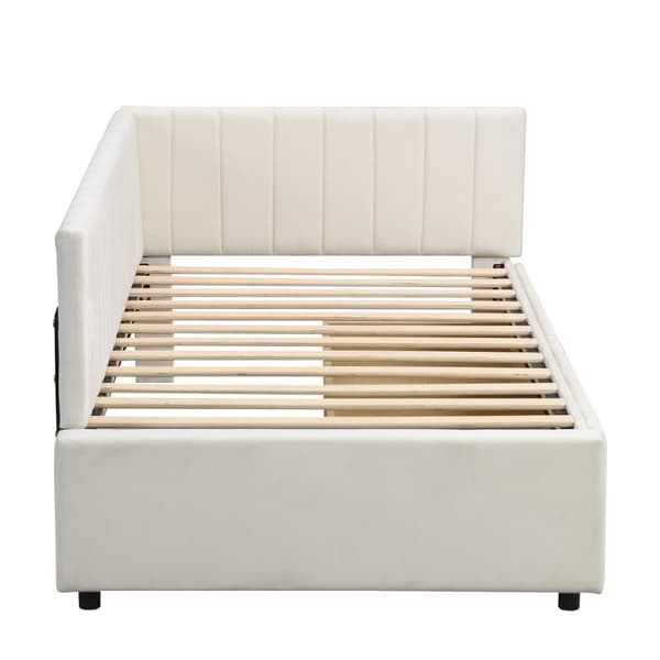 Polstret sovesofa 90x200 – multifunktionel seng med 2 opbevaringsskuffer og lamelbund i blødt fløjlsstof – beige