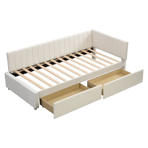 Polstret sovesofa 90x200 – multifunktionel seng med 2 opbevaringsskuffer og lamelbund i blødt fløjlsstof – beige