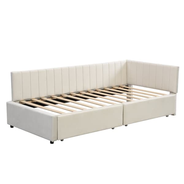 Polstret sovesofa 90x200 – multifunktionel seng med 2 opbevaringsskuffer og lamelbund i blødt fløjlsstof – beige