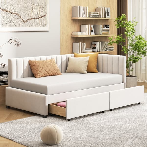 Polstret sovesofa 90x200 – multifunktionel seng med 2 opbevaringsskuffer og lamelbund i blødt fløjlsstof – beige