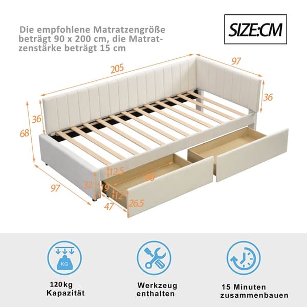 Polstret sovesofa 90x200 – multiseng med 2 store opbevaringsskuffer og lamelbund i blødt fløjlsstof – grå