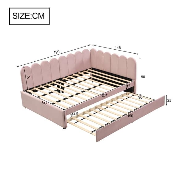 L-format polsterbäddsoffa 140x200 i rosa sammet med blommigt ryggstöd och utdragbar extrasäng