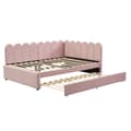 Miniatyrbild 6 av 10: L-format polsterbäddsoffa 140x200 i rosa sammet med blommigt ryggstöd och utdragbar extrasäng