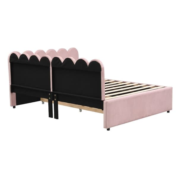 L-format polsterbäddsoffa 140x200 i rosa sammet med blommigt ryggstöd och utdragbar extrasäng
