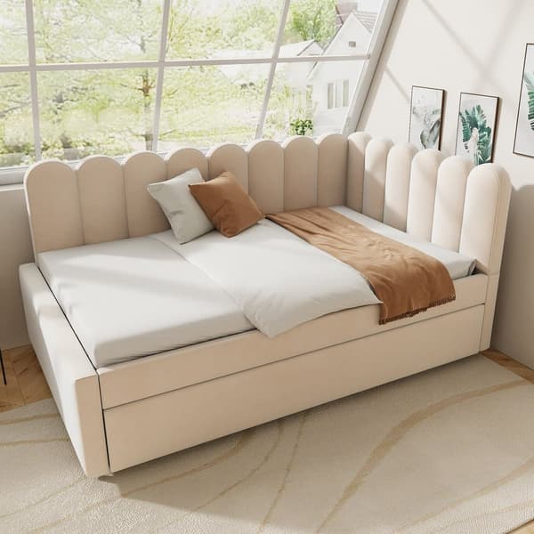 L-format polsterbäddsoffa 140x200 – utdragbar extrasäng i beige sammet med blommigt ryggstöd