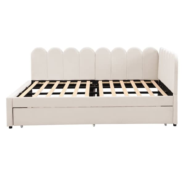 L-format polsterbäddsoffa 140x200 – utdragbar extrasäng i beige sammet med blommigt ryggstöd