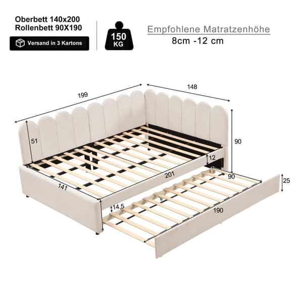 L-format polsterbäddsoffa 140x200 – utdragbar extrasäng i beige sammet med blommigt ryggstöd