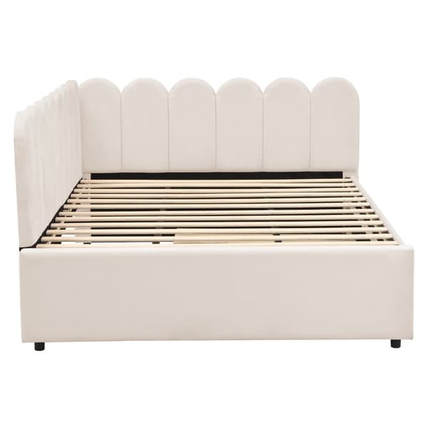 L-format polsterbäddsoffa 140x200 – utdragbar extrasäng i beige sammet med blommigt ryggstöd
