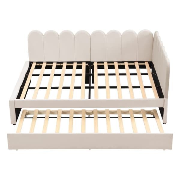 L-format polsterbäddsoffa 140x200 – utdragbar extrasäng i beige sammet med blommigt ryggstöd