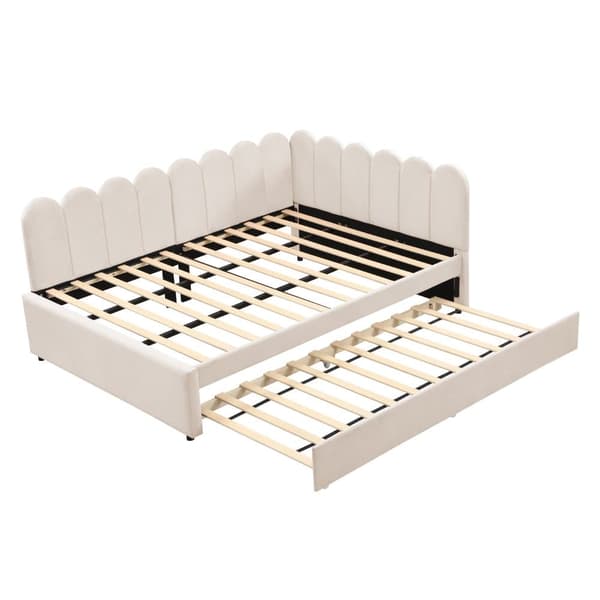 L-format polsterbäddsoffa 140x200 – utdragbar extrasäng i beige sammet med blommigt ryggstöd