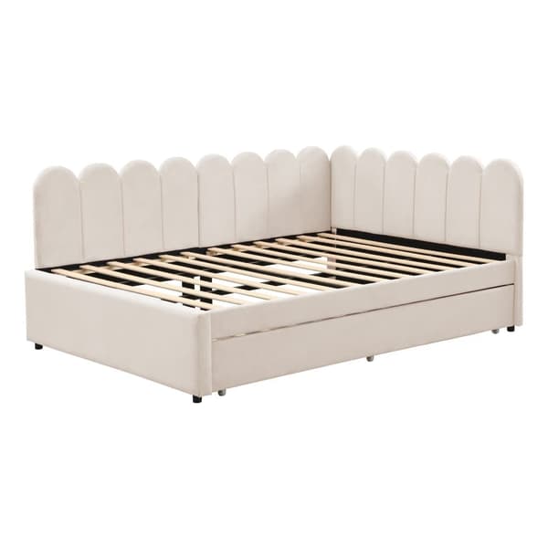 L-format polsterbäddsoffa 140x200 – utdragbar extrasäng i beige sammet med blommigt ryggstöd