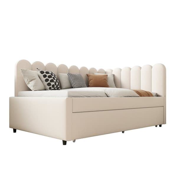 L-format polsterbäddsoffa 140x200 – utdragbar extrasäng i beige sammet med blommigt ryggstöd