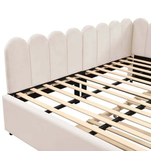 L-format polsterbäddsoffa 140x200 – utdragbar extrasäng i beige sammet med blommigt ryggstöd
