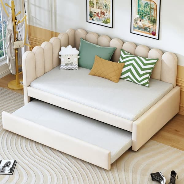 L-format polsterbäddsoffa 140x200 – utdragbar extrasäng i beige sammet med blommigt ryggstöd