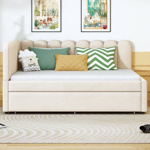 L-format polsterbäddsoffa 140x200 – utdragbar extrasäng i beige sammet med blommigt ryggstöd