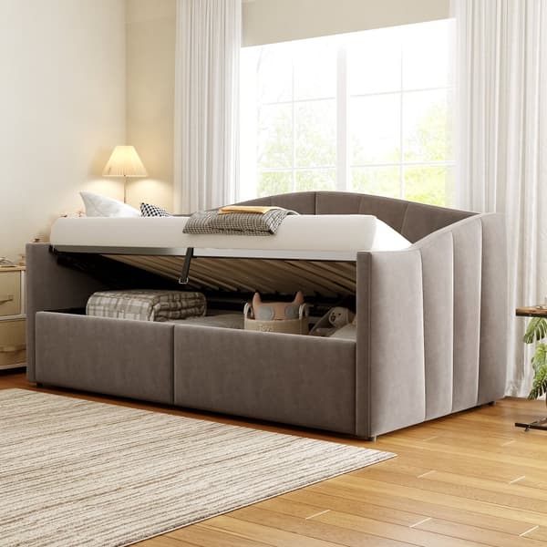 Polstret sovesofa 90x200 med hydraulisk opbevaring, lamelbund, armlæn og stribet fløjl – multifunktionel enkeltseng grå