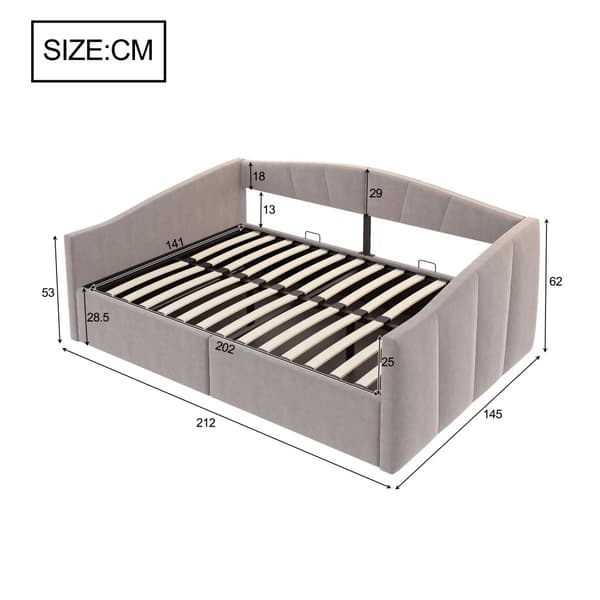 Sovesofa 140x200 cm med hydraulisk opbevaring, lamelbund, armlæn, stribet fløjlsstof, multifunktionel, lysegrå