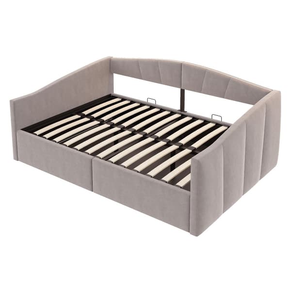 Sovesofa 140x200 cm med hydraulisk opbevaring, lamelbund, armlæn, stribet fløjlsstof, multifunktionel, lysegrå