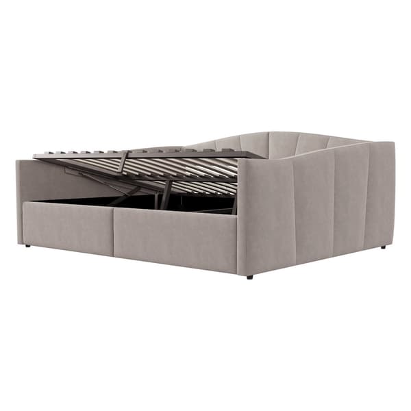 Sovesofa 140x200 cm med hydraulisk opbevaring, lamelbund, armlæn, stribet fløjlsstof, multifunktionel, lysegrå