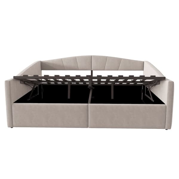 Sovesofa 140x200 cm med hydraulisk opbevaring, lamelbund, armlæn, stribet fløjlsstof, multifunktionel, lysegrå