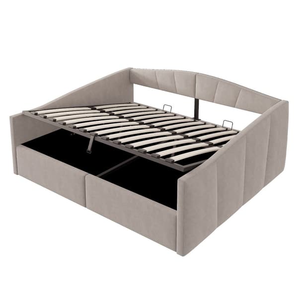 Sovesofa 140x200 cm med hydraulisk opbevaring, lamelbund, armlæn, stribet fløjlsstof, multifunktionel, lysegrå