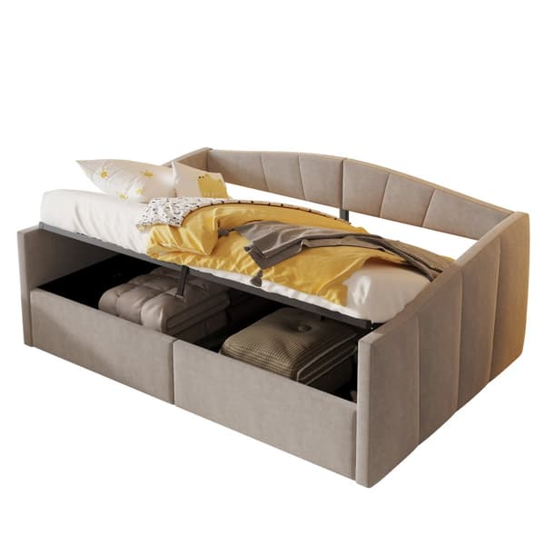 Sovesofa 140x200 cm med hydraulisk opbevaring, lamelbund, armlæn, stribet fløjlsstof, multifunktionel, lysegrå
