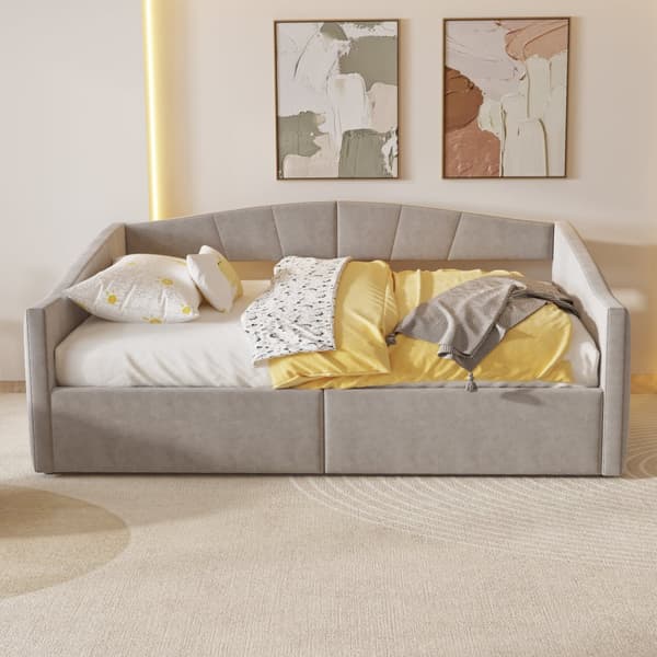 Sovesofa 140x200 cm med hydraulisk opbevaring, lamelbund, armlæn, stribet fløjlsstof, multifunktionel, lysegrå